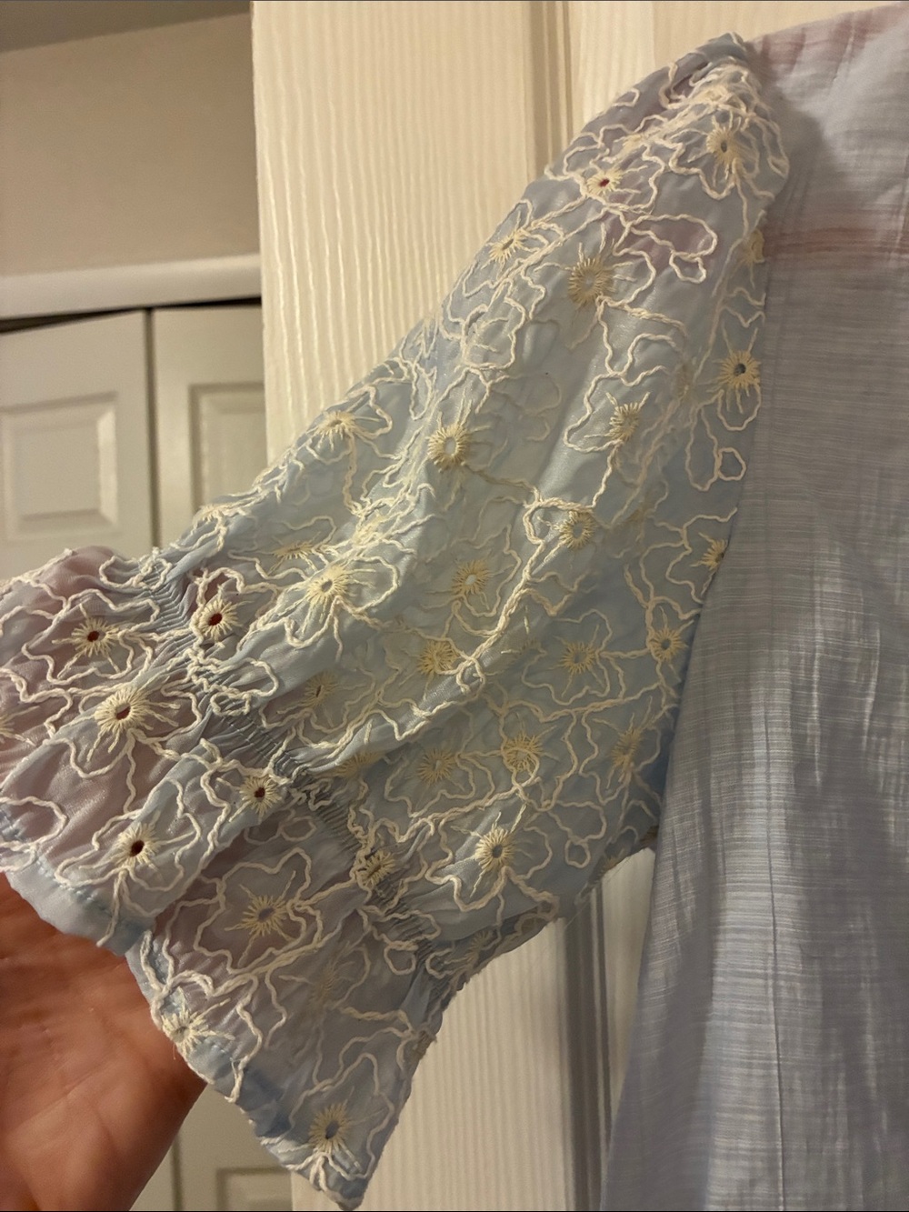 Light Blue Ruffle Neck Puff Sleeve Blouse - Picture 4 of 11